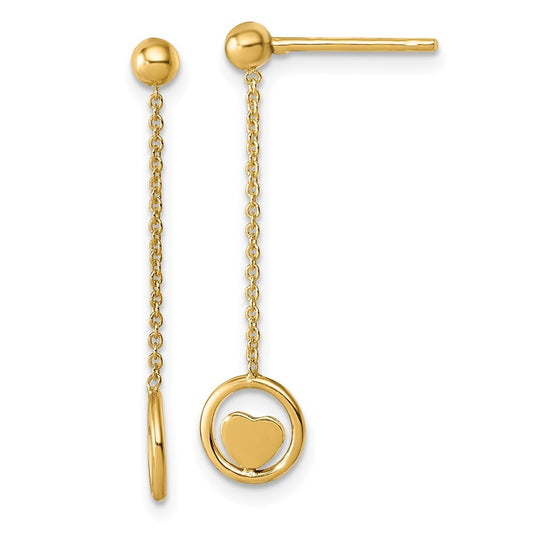 14k Yellow Gold Polished Heart in Circle with Chain Dangle Earrings