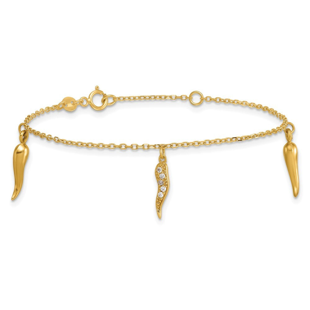 14k Yellow Gold CZ Three Italian Horn Dangles 5.75" Bracelet Plus 0.75" Extender