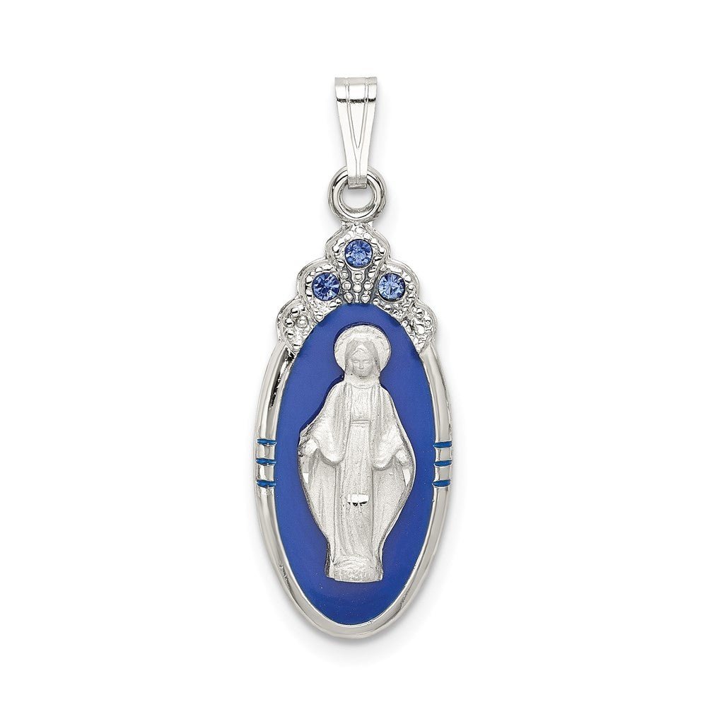 Sterling Silver Satin & Diamond-Cut Epoxy & Crystal Miraculous Medal Pendant