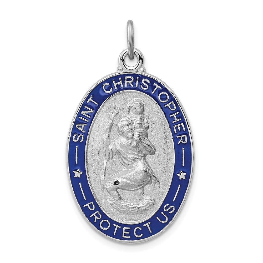 Sterling Silver Rhodium-plated Enameled St. Christopher Medal Pendant
