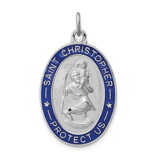 Sterling Silver Rhodium-plated Enameled St. Christopher Medal Pendant