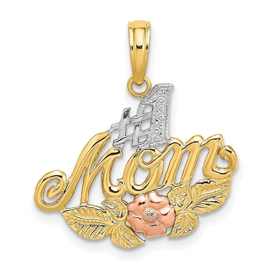 14k Two-tone Gold White Rhodium #1 MOM  Flower Charm Pendant