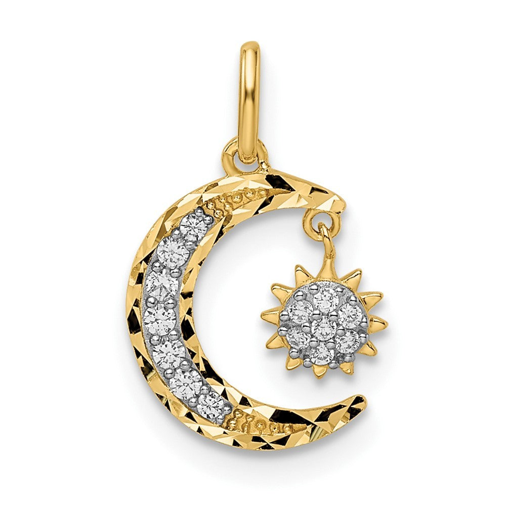 14k Yellow Gold CZ Diamond-cut Moon and Dangle Sun Pendant