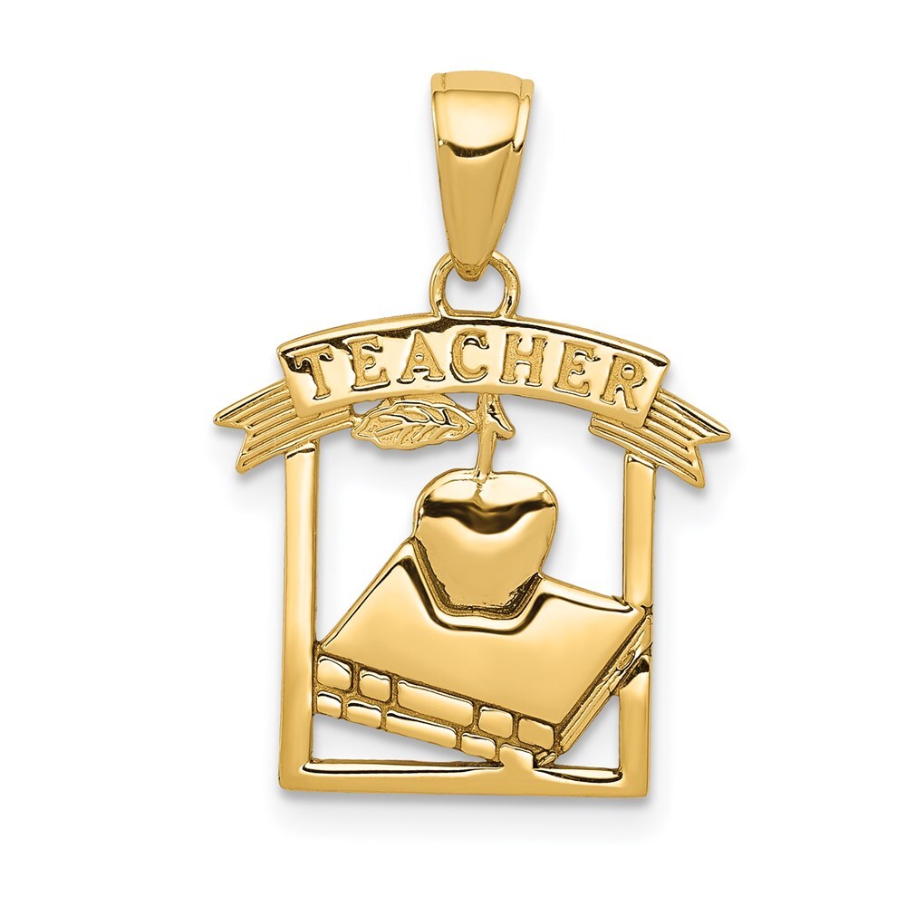 14k Yellow Gold Polished Flat-Backed TEACHER Pendant for Women