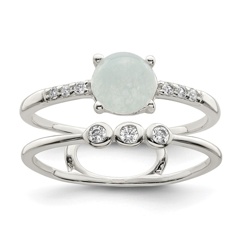 Sterling Silver Polished CZ and Light Blue Quartzite Double Ring Size 8