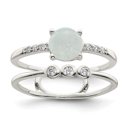 Sterling Silver Polished CZ and Light Blue Quartzite Double Ring Size 8