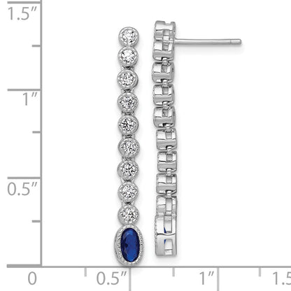 Sterling Silver Polished and Beaded Oval Blue and Round CZ Dangle Earrings