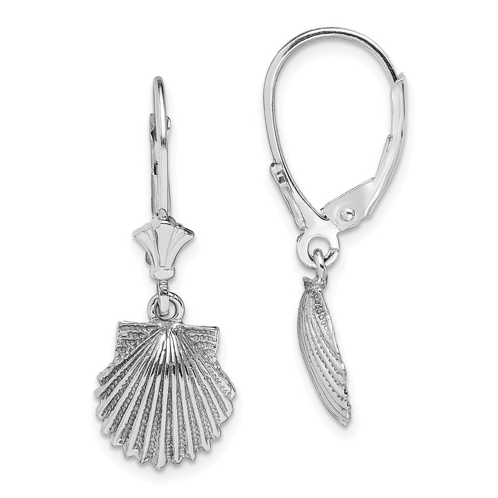 14K White Gold Scallop Shell Dangle Earrings Leverback Gift for Women
