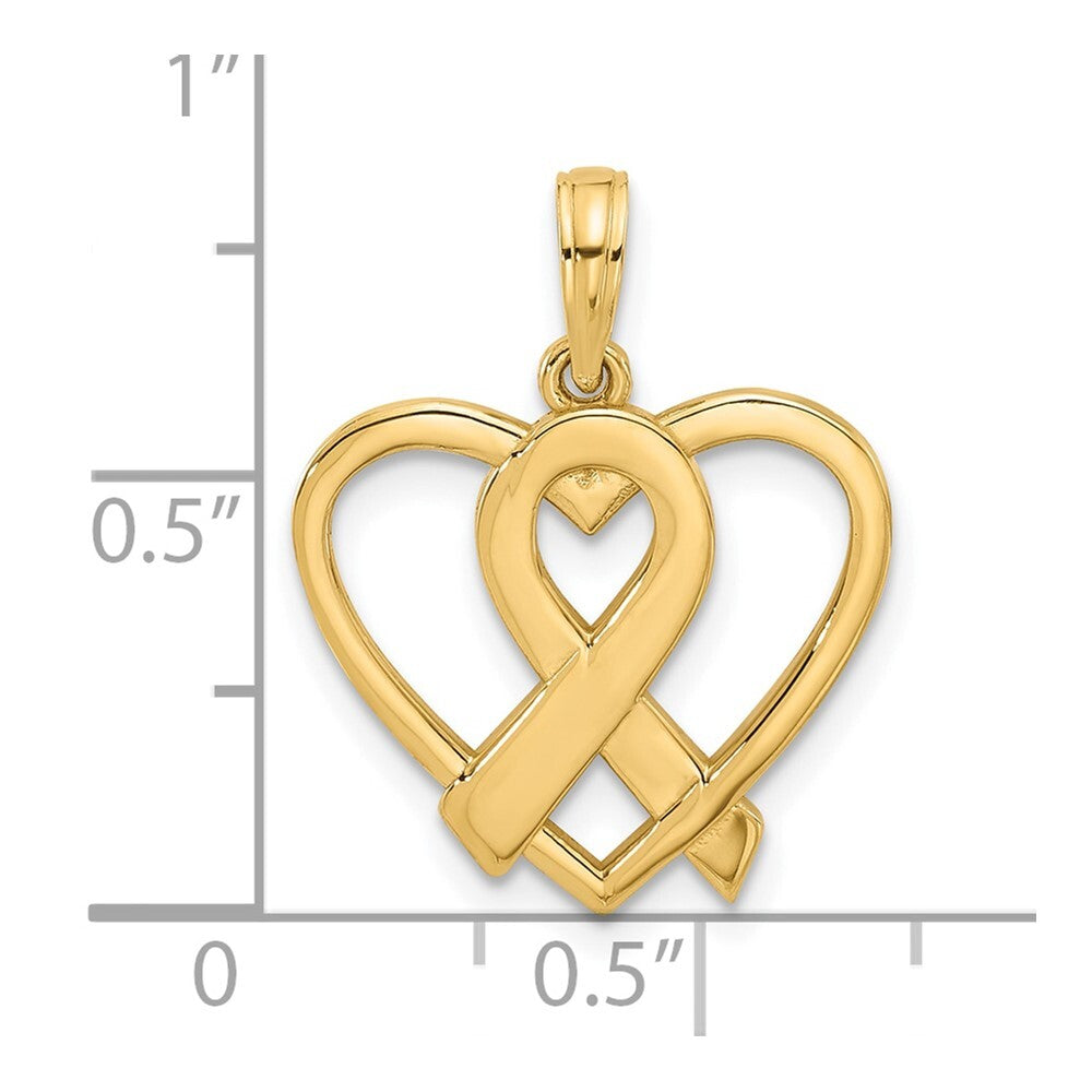 14k Yellow Gold Polished Awareness Ribbon and Heart Charm Pendant for Women