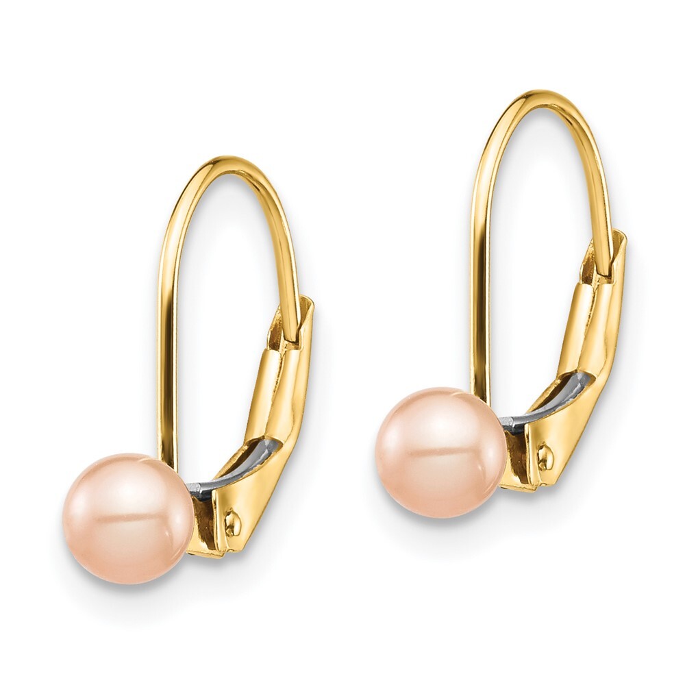 14k Yellow Gold 4-5mm Pink Round Freshwater Cultured Pearl Leverback Earrings