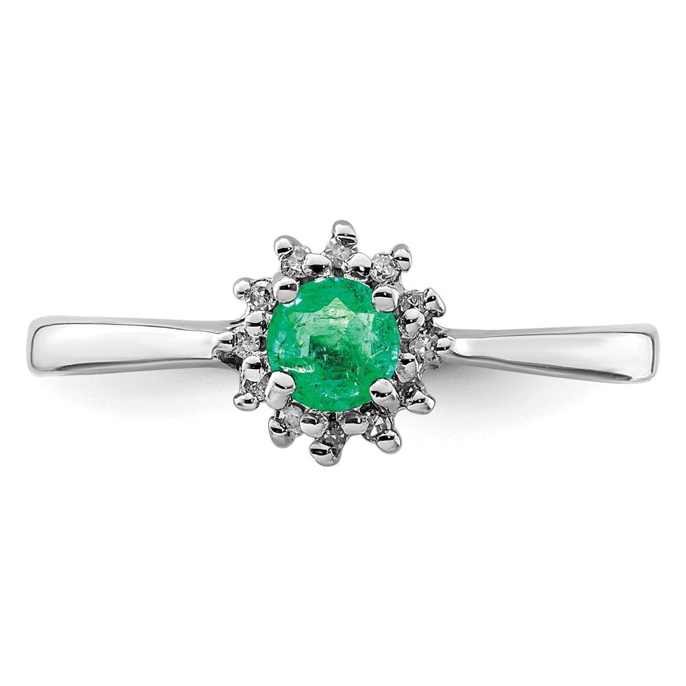 Sterling Silver Rhodium-plated Round Emerald & Diamond Ring Size 6