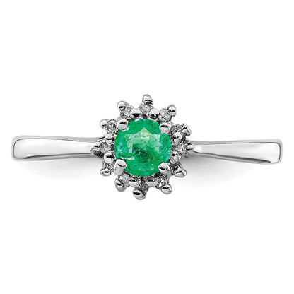 Sterling Silver Rhodium-plated Round Emerald & Diamond Ring Size 6