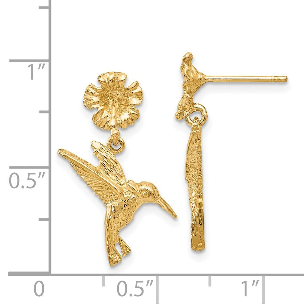 14k Yellow Gold Hummingbird Dangles from Flower Earrings Gift for Women