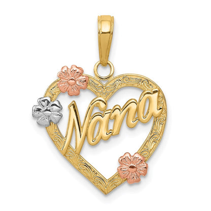 14k Tri-Color Gold Tri-color NANA in Heart with Flowers Pendant for Women