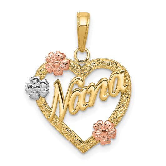 14k Tri-Color Gold Tri-color NANA in Heart with Flowers Pendant for Women