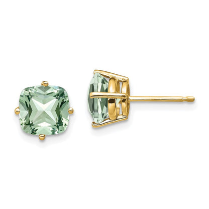 14k Yellow Gold 7mm Cushion Green Quartz Earrings Gift for Women
