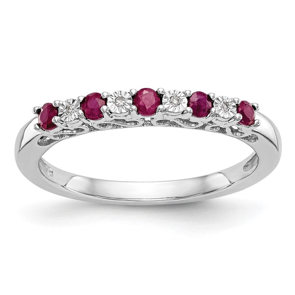 14k White Gold .01 carat Diamond and Ruby Complete Band Size 7