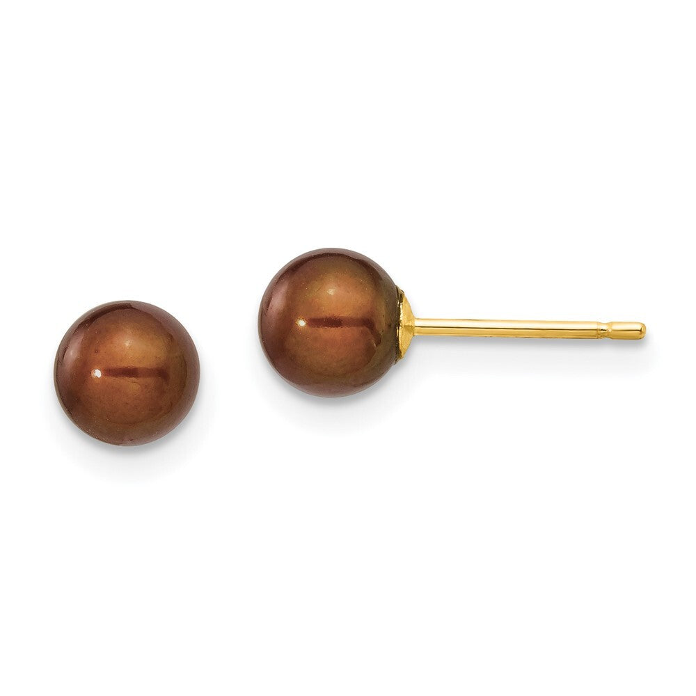 14k Yellow Gold 5-6mm Brown Round Freshwater Cultured Pearl Stud Earrings