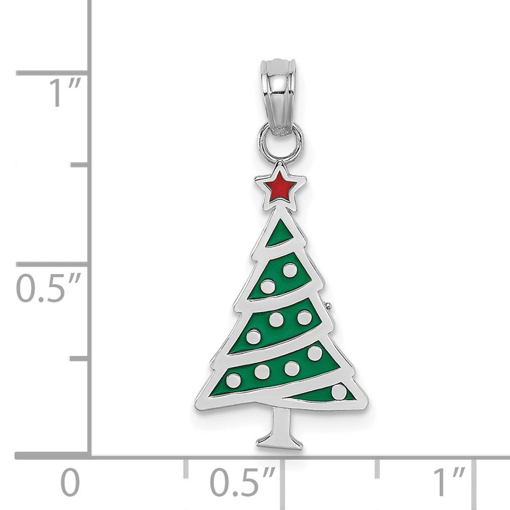 14k White Gold Enamel Green Christmas Tree  Red Star Charm Pendant for Women