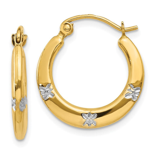 14k Yellow Gold & Rhodium Flowers Hollow Hoop Earrings