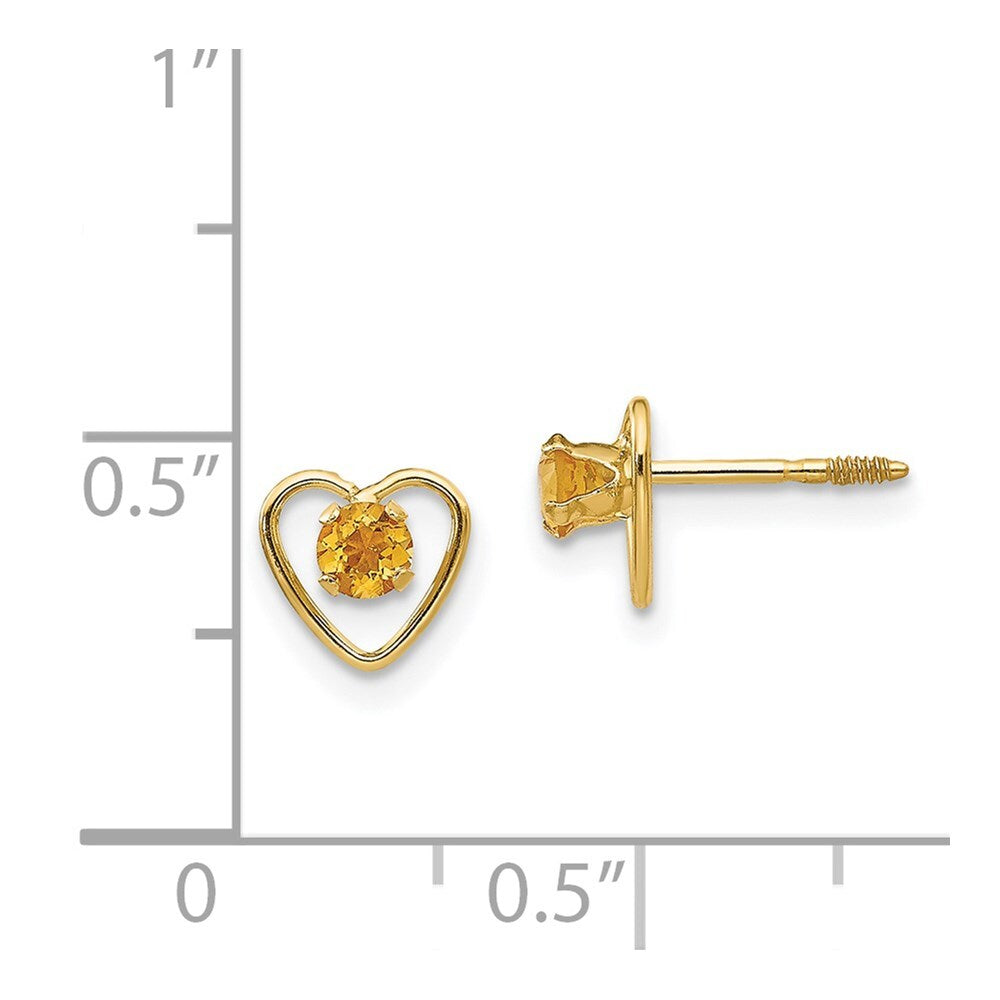14k Yellow Gold 3mm Genuine Citrine Birthstone Heart Stud Earrings