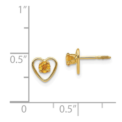 14k Yellow Gold 3mm Genuine Citrine Birthstone Heart Stud Earrings