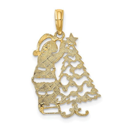 14k Yellow Gold Polished Christmas Tree and Santa Charm Pendant for Women