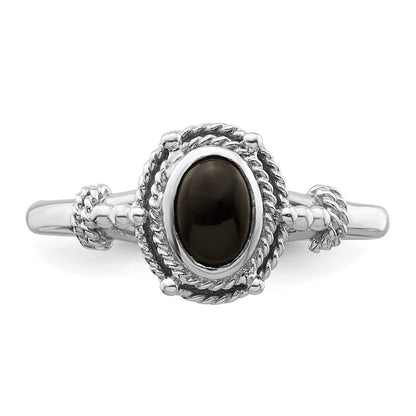 Sterling Silver Rhodium-plated with Black Oval Onyx Stone Ring Size 7