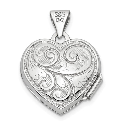 14k White Gold Reversible Swirl Design 15mm Heart Locket Pendant for Women
