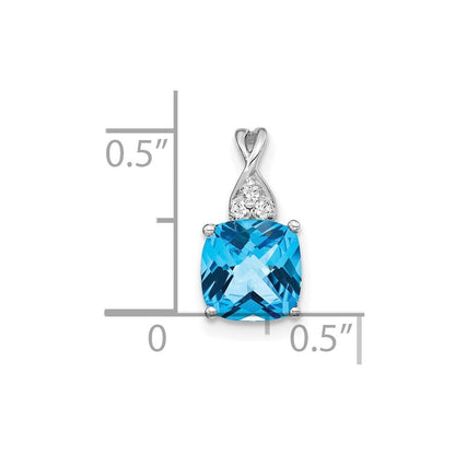 14k White Gold Checkerboard Blue Topaz and Diamond Pendant
