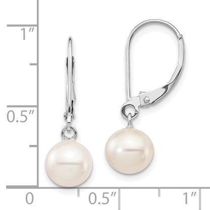14k White Gold 7-8mm Round Freshwater Cultured Pearl Dangle Earrings