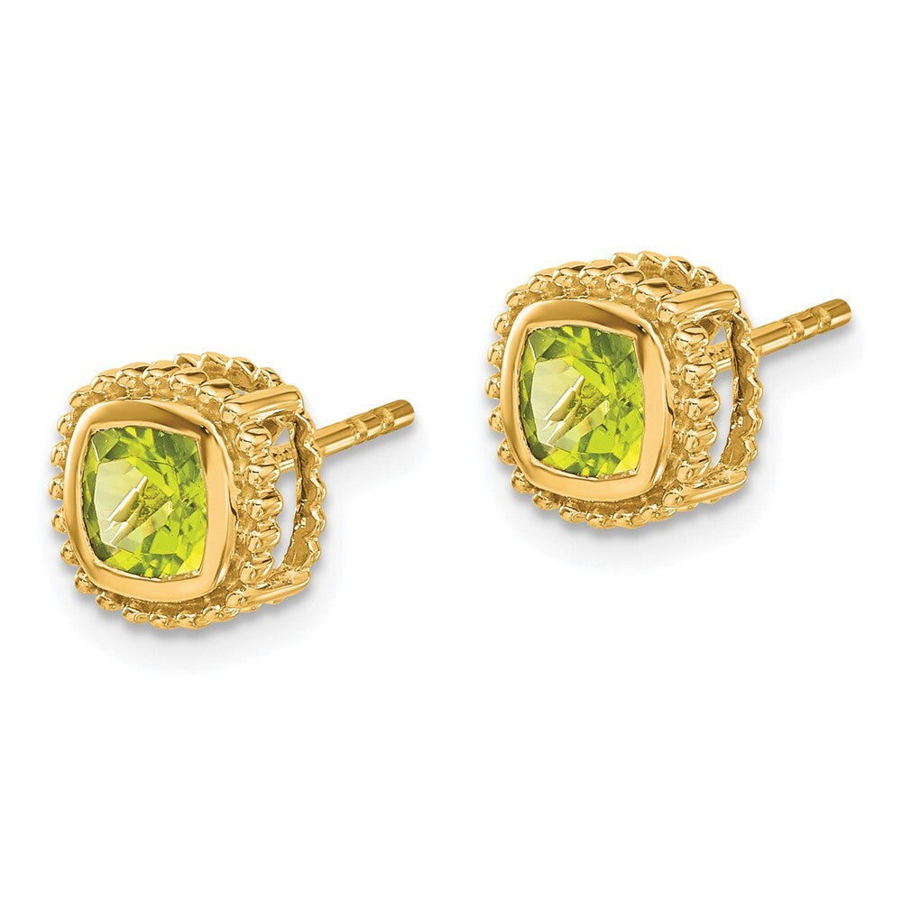 14k Yellow Gold Cushion Peridot Stud Earrings
