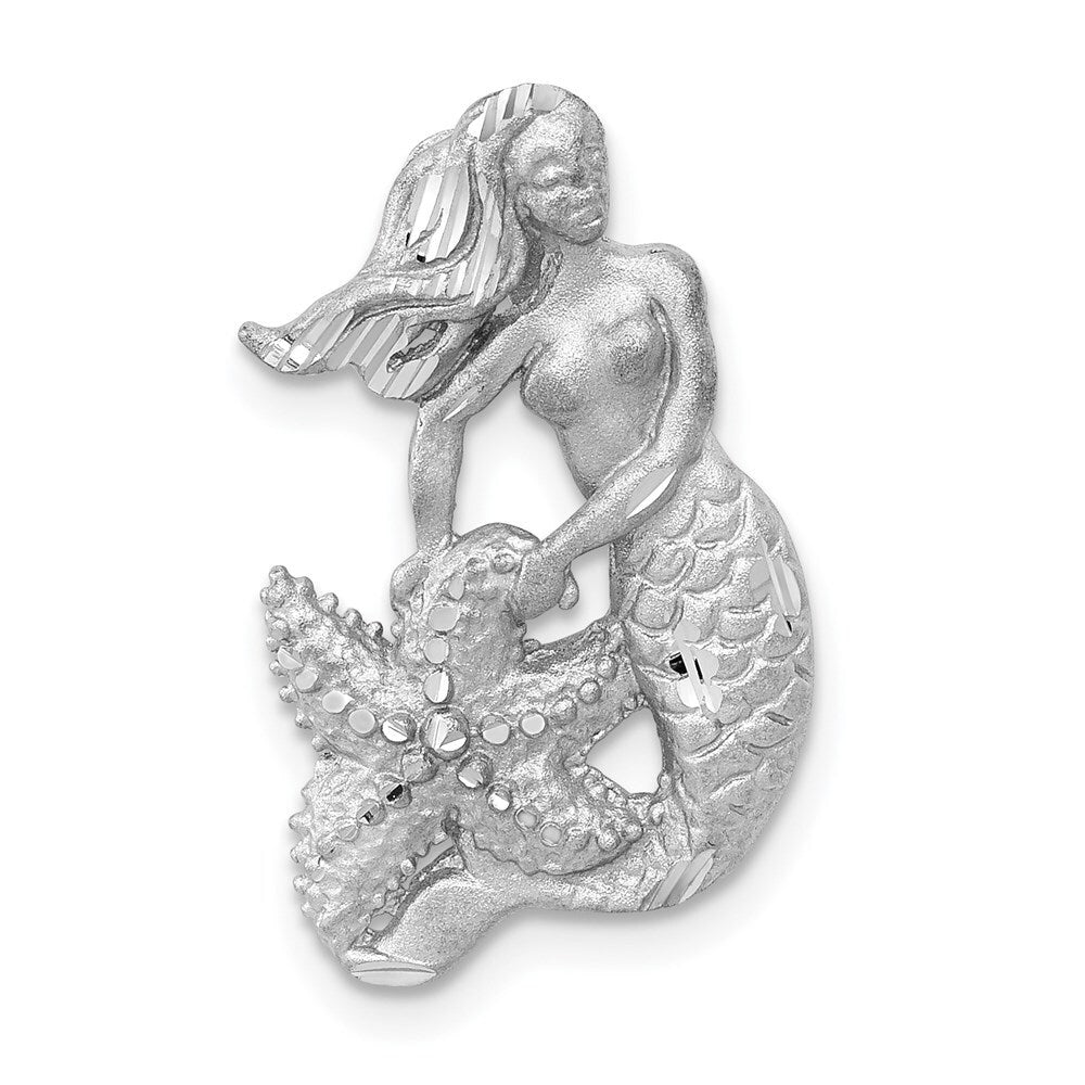 14k White Gold Satin and Diamond-Cut Mermaid Slide Pendant for Women