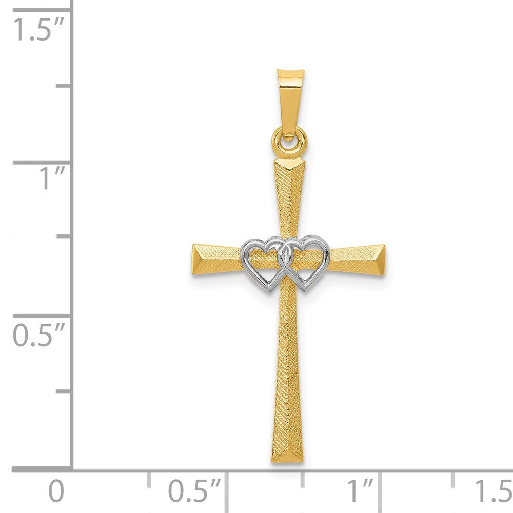 14k Two-tone Gold Textured and Polished Latin Cross  Hearts Pendant