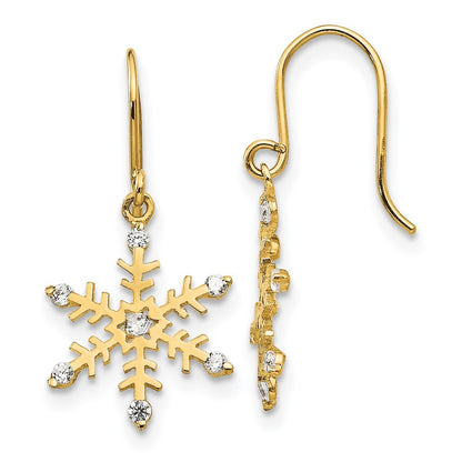 14k Yellow Gold CZ Children's Snowflake Dangle Earrings