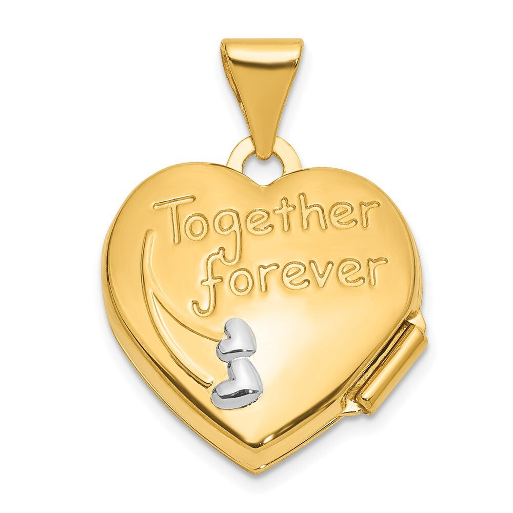 14k Yellow Gold 15mm Dove TOGETHER FOREVER Reversible Heart Locket Pendant