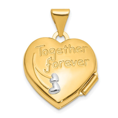 14k Yellow Gold 15mm Dove TOGETHER FOREVER Reversible Heart Locket Pendant