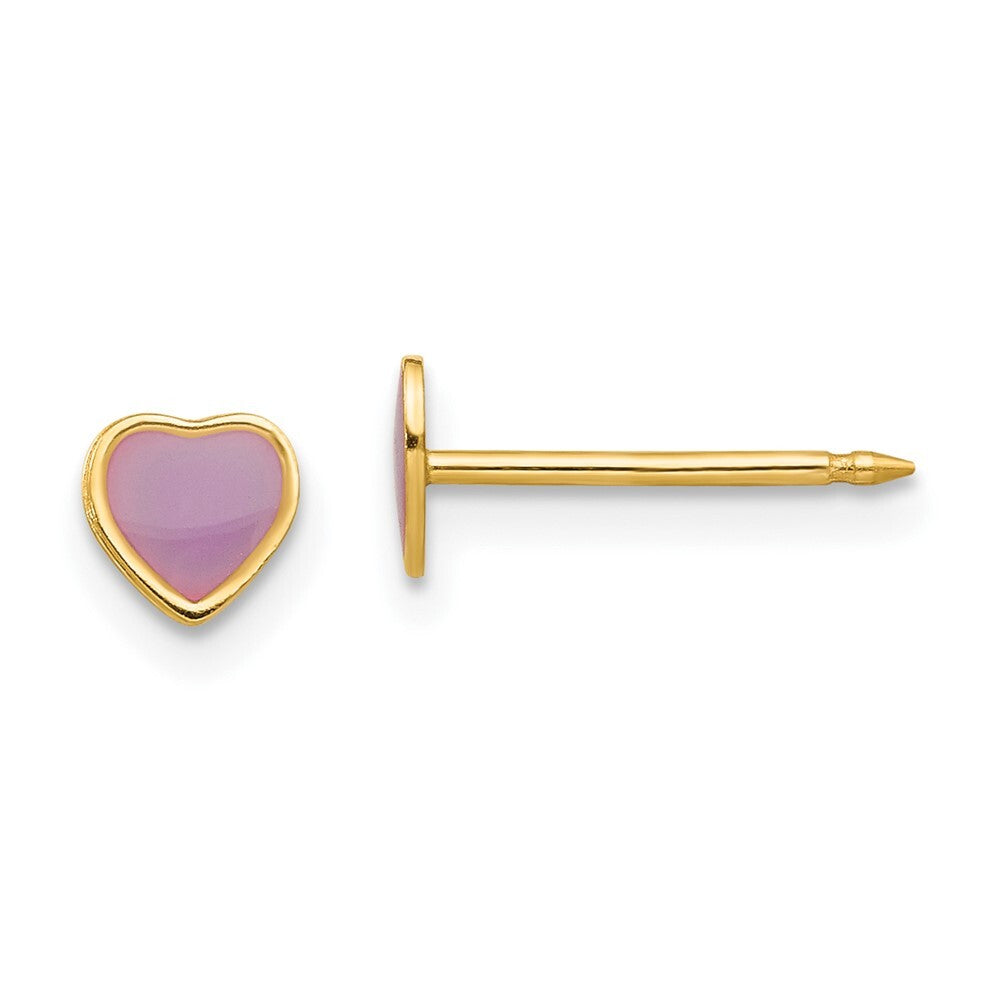 14k Yellow Gold Epoxy Fill Purple Heart Stud Earrings Gift for Women