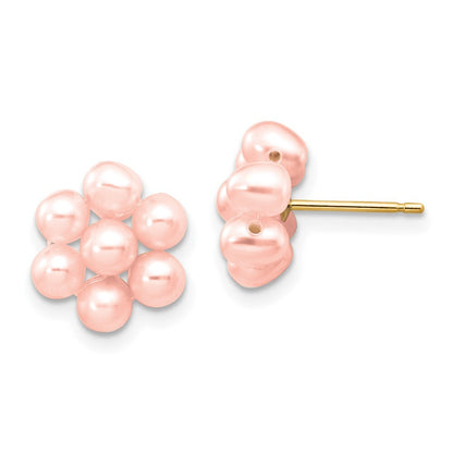 14k Yellow Gold 3-4mm Pink Egg Freshwater Cultured Pearl Flower Stud Earrings