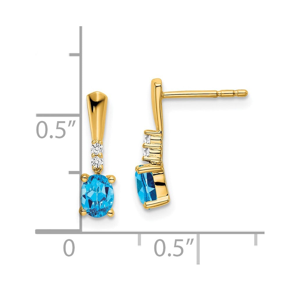 14k Yellow Gold Oval Blue Topaz and Diamond Dangle Earrings Gift for Women
