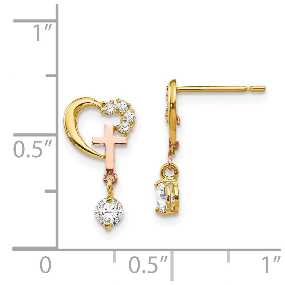 14k Two-tone Gold Cubic Zirconia Children's Cross & Heart Drop & Dangle Earrings