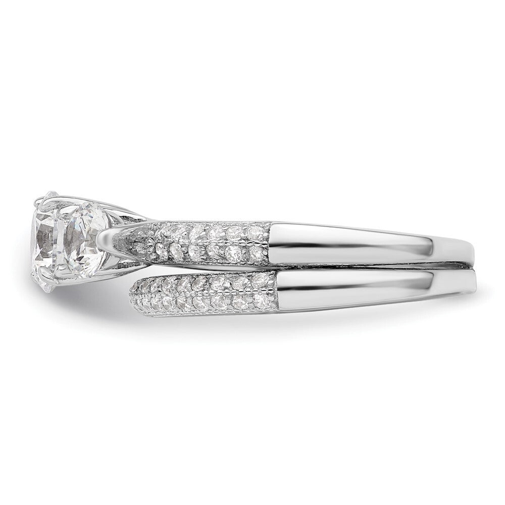 Sterling Silver Rhodium-plated CZ 3 Stone Pave Band Engagement Ring Set Size 8