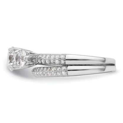 Sterling Silver Rhodium-plated CZ 3 Stone Pave Band Engagement Ring Set Size 8