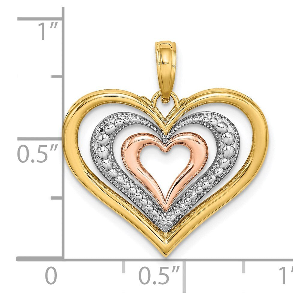 14k Two-tone Gold White Rhodium Textured Polished Triple Hearts Charm Pendant
