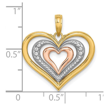 14k Two-tone Gold White Rhodium Textured Polished Triple Hearts Charm Pendant