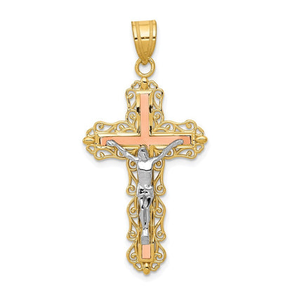 14k Tri-Color Gold Tri-color Diamond-cut Crucifix Pendant for Women