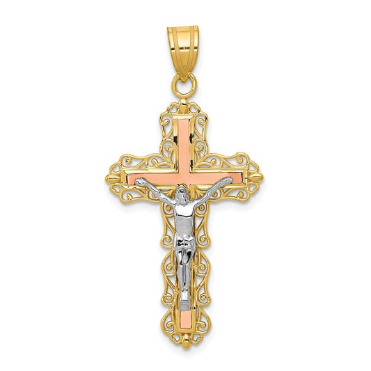 14k Tri-Color Gold Tri-color Diamond-cut Crucifix Pendant for Women