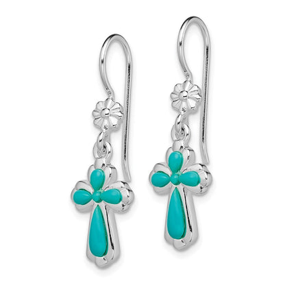 Sterling Silver Polished Imitation Turquoise Cross & Flower Dangle Earrings