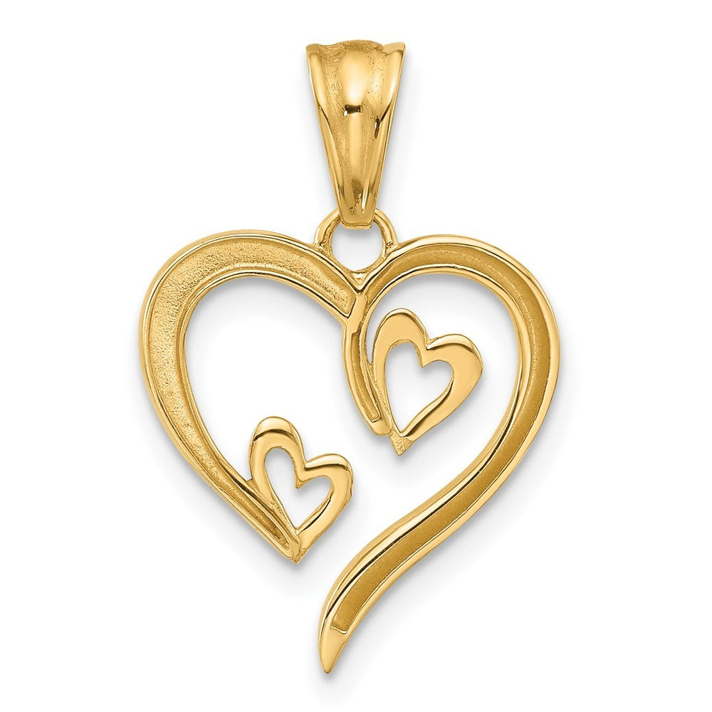 14k Yellow Gold with White Rhodium Diamond-cut Open Hearts Pendant
