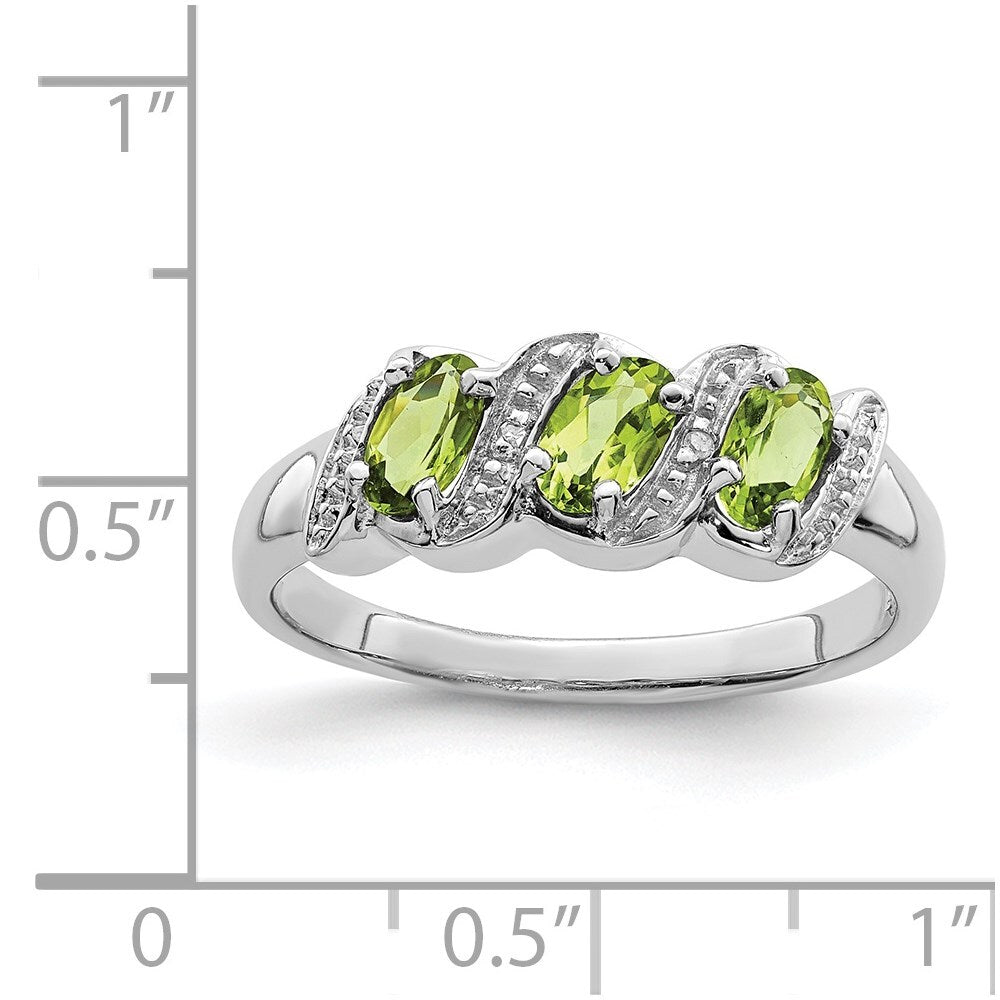 Sterling Silver Rhodium 3 Stone Peridot & Diamond Ring Size 8